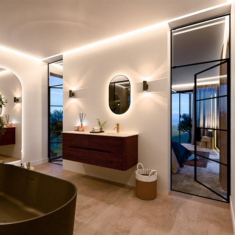 Mondiaz CIRO-DLUX Ensemble de meubles de salle de bains - 140x45x50cm - Plan vasque en solid surface Nata - 1 lavabo à droite - 1 trou de robinet - 4 tiroirs - Ruby SW1532072