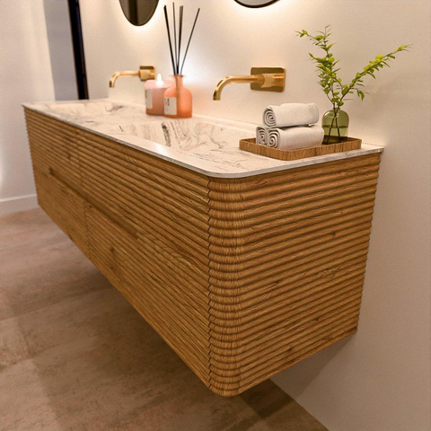 Mondiaz CIRO-DLUX Meuble de salle de bains - 170x45x50cm - Plan-vasque Solid surface Glace - 2 vasques Double - sans trous de robinet - 4 tiroirs - Chêne SW1533781