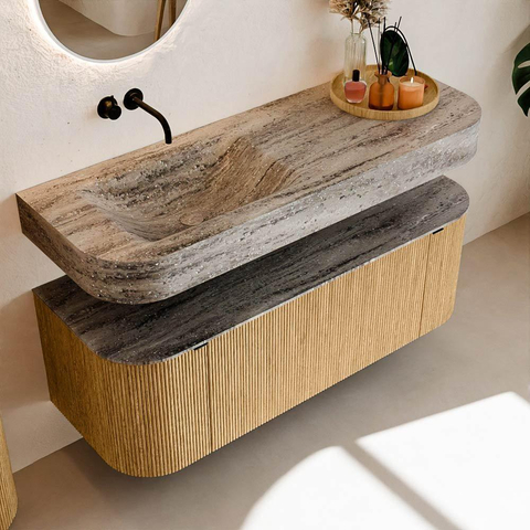 MONDIAZ THOR-DLUX 130cm meuble de salle de bains arrondi gauche + droite couleur Oak avec 1 tiroir et 2 portes. Vasque suspendue CLOUD Gauche sans trou de robinet couleur Oza. SW1463954