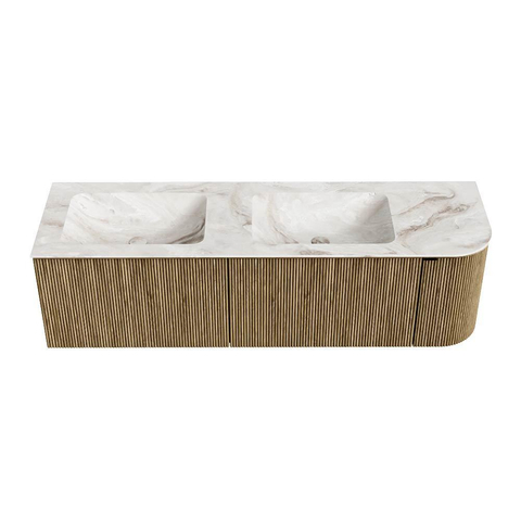 Mondiaz KURVE-DLUX Badkamermeubelset - 155x46x40cm - 2 lade - 1 deur - wastafel solid surface - dubbel / links - 2 kraangaten - Dusk SW1415021