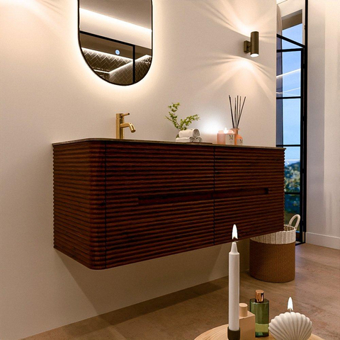 Mondiaz CIRO-DLUX Badkamermeubelset - 130x45x50cm - Solid surface wastafel Sombra - 1 wasbak Links - 1 kraangat - 4 lades - Ruby SW1531950
