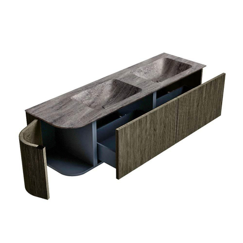 MONDIAZ KURVE-DLUX 155cm meuble de salle de bains arrondi Gauche couleur Shadow avec 2 tiroirs et 1 porte. Lavabo LEAF Double / Droite 2 trous de robinet Oza. SW1432932