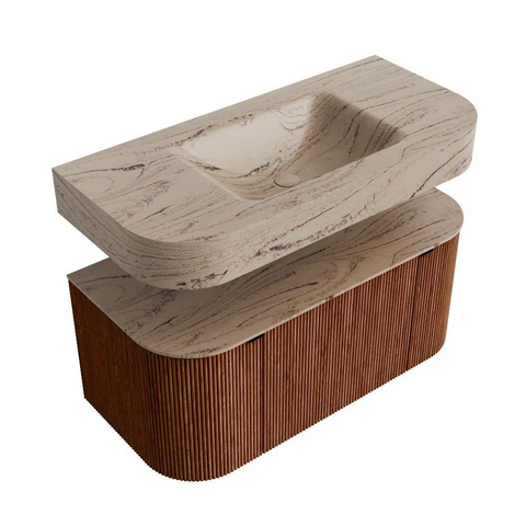 MONDIAZ THOR-DLUX 100cm meuble de salle de bains arrondi gauche + droite couleur Ruby avec 1 tiroir et 2 portes. Vasque suspendue CLOUD Milieu sans trou de robinet couleur Arena. SW1467456
