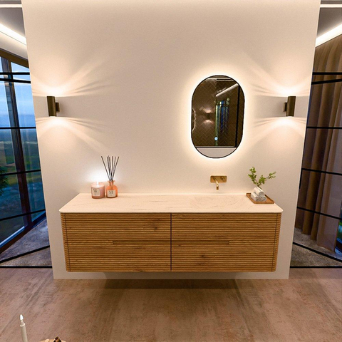 Mondiaz CIRO-DLUX Meuble de salle de bains - 170x45x50cm - Plan-vasque Solid surface Meli - 1 lavabo à droite - sans trous de robinet - 4 tiroirs - Chêne SW1531437