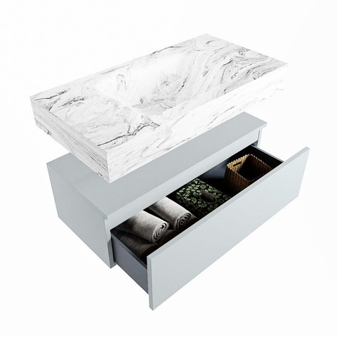 Mondiaz ALAN-DLUX Ensemble de meuble - 90cm - meuble Clay mat - 1 tiroir - Lavabo Cloud Glace suspendu - vasque Centre - 0 trous de robinet SW806199