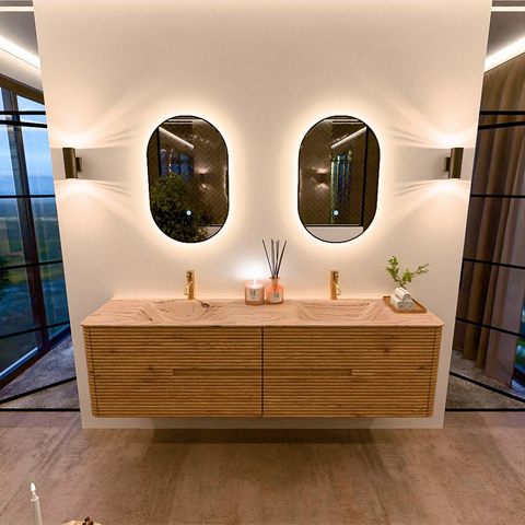 Mondiaz CIRO-DLUX Meuble de salle de bains - 180x45x50cm - Plan-vasque solid surface Arena - 2 vasques Double - 2 perçages de robinetterie - 4 tiroirs - Chêne SW1531369