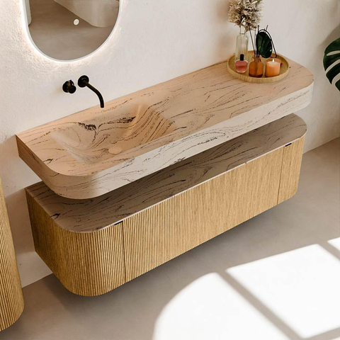 MONDIAZ THOR-DLUX 150cm badmeubel ronding links + rechts kleur Oak met 1 lade en 2 deuren. Vrijhangende wastafel CLOUD Links zonder kraangat kleur Arena. SW1464717