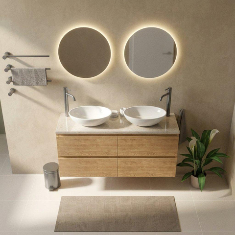 Saniclass Holz Pure Badkamermeubelset - 140x45x63cm - Travertine natuurstenen topblad - 2 kraangaten - 4 lades - mat eiken natural (hout) SW1478902