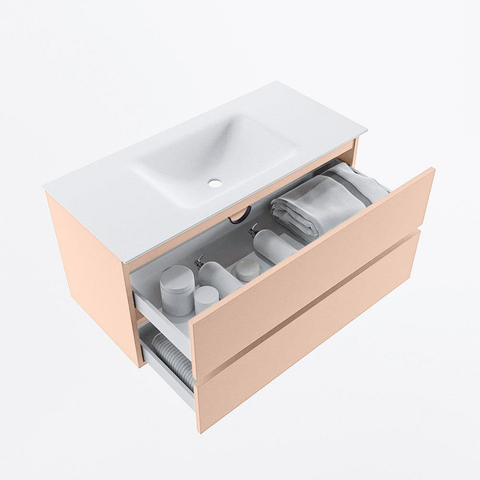 MONDIAZ VICA Ensemble meuble de salle de bains - 100cm - meuble bas rosee - 2 tiroirs - lavabo cloud central - 1 trou de robinet - version haute 60cm - talc SW1083287