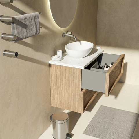 Saniclass Holz Frame Badkamermeubelset - 80x45x63cm - Dia marmeren wastafelblad gepolijst (wit) - zonder kraangat - 2 lades - mat eiken natural (hout) SW1579953
