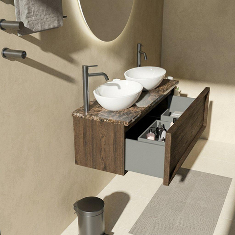 Saniclass Holz Frame Ensemble meuble de salle de bains - 120x45x43cm - Plan de toilette en pierre naturelle Noche dark emperador - 2 trous de robinetterie - 1 tiroir - chêne charcoal mat (bois) SW1478301