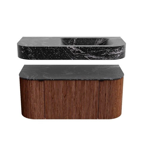 MONDIAZ THOR-DLUX 100cm meuble de salle de bains arrondi gauche + droite couleur Ruby avec 1 tiroir et 2 portes. Vasque suspendue CLOUD Droite 1 trou de robinet couleur Lava. SW1467414