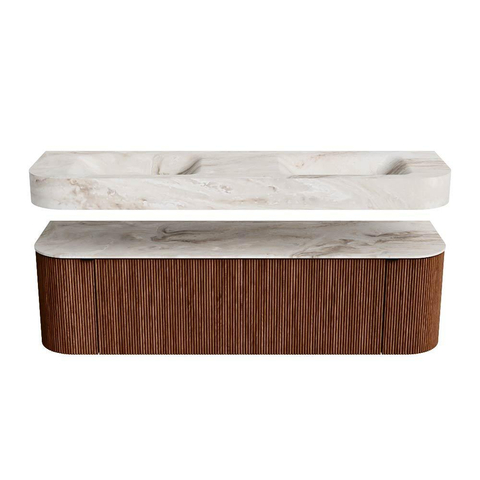 MONDIAZ THOR-DLUX 160cm meuble de salle de bains arrondi gauche + droite couleur Ruby avec 1 tiroir et 2 portes. Vasque suspendue CLOUD Double sans trou de robinet couleur Frappe. SW1465283