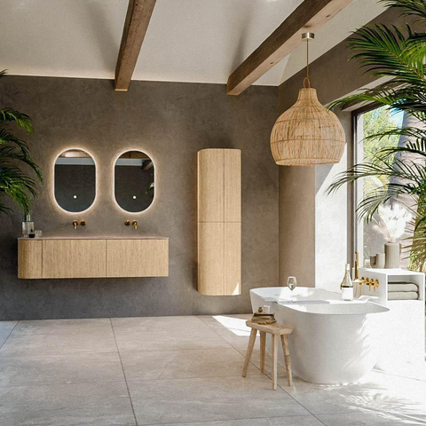 MONDIAZ KURVE-DLUX meuble de salle de bains 155cm arrondi à gauche couleur chêne avec 2 tiroirs et 1 porte. Lavabo LEAF double / à droite sans trou de robinet Saba. SW1433111