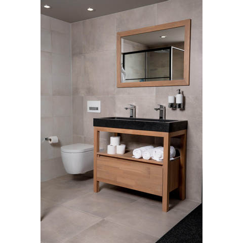 Saniclass Natural Wood Meuble salle de bain avec miroir 100cm Grey Oak avec vasque en pierre naturelle Black Spirit 2 trous pour robinetterie SW8979