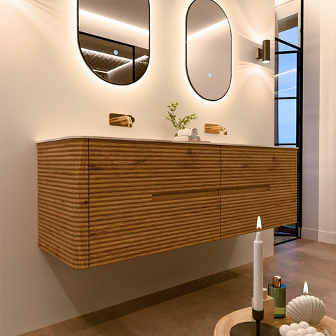 Mondiaz CIRO-DLUX Meuble de salle de bains ensemble - 160x45x50cm - Plan de toilette solid surface Ostra - 2 vasques Double - sans trous de robinetterie - 4 tiroirs - Chêne SW1530918