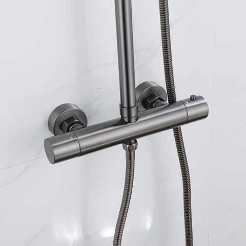 FugaFlow Eccelente Ensemble de douche de tête - thermostatique - douche de tête 25 cm - flexible métallique - douchette ronde - Gunmetal PVD brossé SW1450998