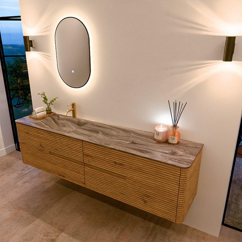 Mondiaz CIRO-DLUX Ensemble de meubles de salle de bains - 190x45x50cm - Plan vasque solid surface Sombra - 1 lavabo à gauche - 1 trou de robinet - 4 tiroirs - Chêne SW1531293