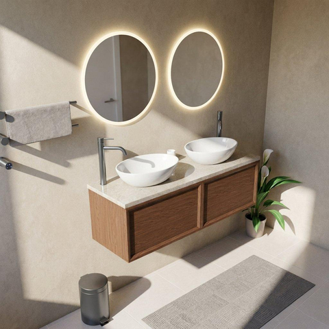 Saniclass Holz Frame Badkamermeubelset - 140x45x43cm - Travertine natuurstenen topblad - 2 kraangaten - 2 lades - mat walnut pure (hout) SW1478901