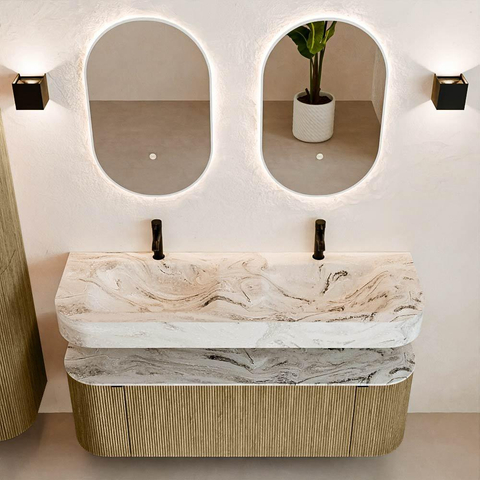 MONDIAZ THOR-DLUX Meuble de salle de bains 140cm arrondi gauche + droite couleur Dusk avec 1 tiroir et 2 portes. Vasque suspendue CLOUD Double 2 trous de robinet couleur Glace. SW1467663