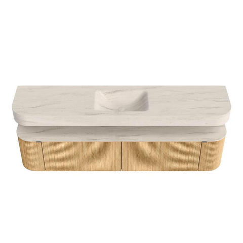 MONDIAZ THOR-DLUX 200cm meuble de salle de bains arrondi gauche + droite couleur Oak avec 2 tiroirs et 2 portes. Vasque suspendue CLOUD Centre sans trou de robinet couleur Meli. SW1467092