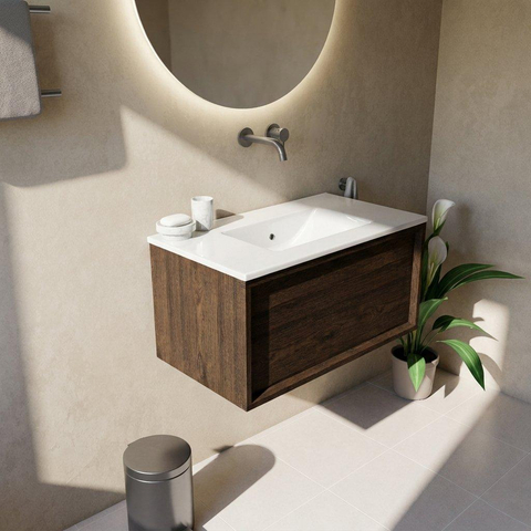 Saniclass Holz Frame Ensemble meuble de salle de bains - 80x45x42cm - Vygo lavabo en céramique blanc - 1 vasque - sans trou de robinet - 1 tiroir - chêne charcoal mat (bois) SW1437762