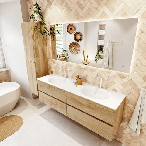 MONDIAZ Vica Ensemble meuble de salle de bains - 160cm - meuble bas chêne blanchi - 4 tiroirs - lavabo moon double - 2 trous de robinet - version hauteur 60cm - talc SW1082247