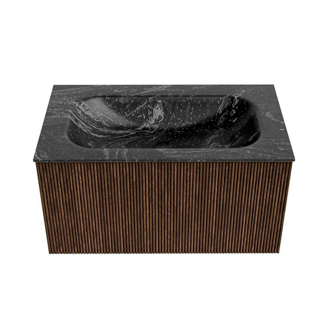 MONDIAZ KURVE-DLUX 80cm badmeubel kleur Walnut met 1 lade. Wastafel BIG SMALL midden zonder kraangat kleur Lava. SW1137236