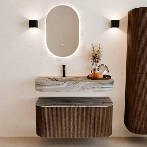 MONDIAZ THOR-DLUX 100cm meuble de salle de bains arrondi gauche + droite couleur Walnut avec 1 tiroir et 2 portes. Vasque suspendue CLOUD Gauche 1 trou de robinet couleur Sombra. SW1467727