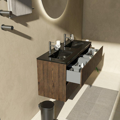 Saniclass Holz Atelier Ensemble de meubles de salle de bains - 120x45x62cm - Lavabo Vygo en céramique noir - 2 vasques - 2 trous de robinet - 2 tiroirs - chêne charcoal mat (bois) SW1478992