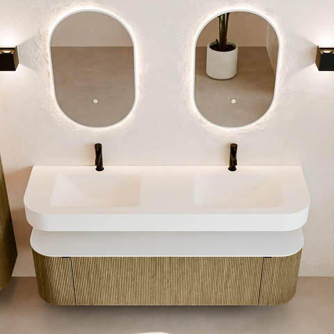 MONDIAZ THOR 160cm meuble de salle de bains arrondi gauche + droite couleur Dusk avec 1 tiroir et 2 portes. Vasque suspendue CLOUD Double 2 trous de robinet couleur Talc. SW1465029
