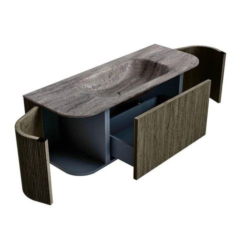 MONDIAZ KURVE-DLUX 120cm badmeubel ronding Links + Rechts kleur Shadow met 1 lade en 2 deuren. Wastafel BIG SMALL Midden 1 kraangat Oza. SW1432864
