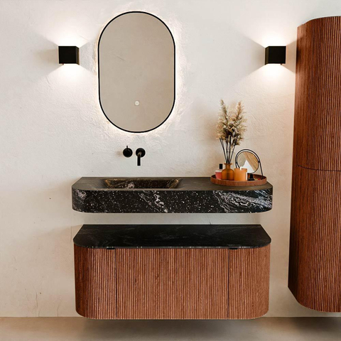 MONDIAZ THOR-DLUX 110cm badmeubel ronding links + rechts kleur Ruby met 1 lade en 2 deuren. Vrijhangende wastafel CLOUD Links zonder kraangat kleur Lava. SW1462827