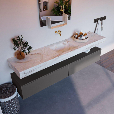 Mondiaz ALAN-DLUX Ensemble de meuble - 200cm - meuble Dark grey mat - 2 tiroirs - Lavabo Cloud Frappe suspendu - vasque Centre - 0 trous de robinet SW805097