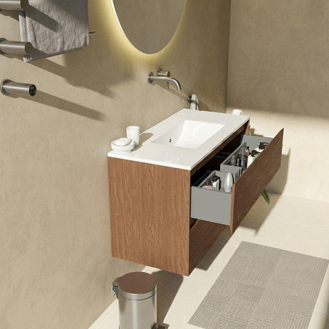 Saniclass Holz Pure Badkamermeubelset - 100x45x62cm - Vygo keramische wastafel wit - 1 wasbak - zonder kraangat - 2 lades - mat walnut pure (hout) SW1437768
