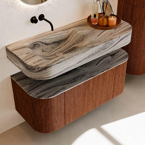 MONDIAZ THOR-DLUX 110cm meuble de salle de bains arrondi gauche + droite couleur Ruby avec 1 tiroir et 2 portes. Vasque suspendue CLOUD gauche sans trou de robinet couleur Sombra. SW1463046