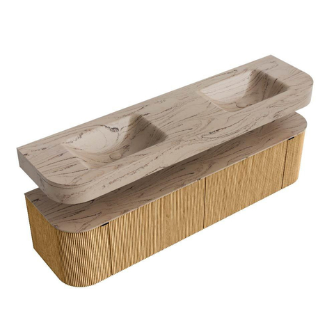 MONDIAZ THOR-DLUX 180cm badmeubel ronding links + rechts kleur Oak met 2 lades en 2 deuren. Vrijhangende wastafel CLOUD Dubbel 2 kraangaten kleur Arena. SW1466118