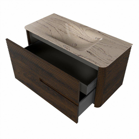 Mondiaz CIRO-DLUX Badkamermeubelset - 100x45x50cm - Solid surface wastafel Arena - 1 wasbak Midden - 1 kraangat - 2 lades - Walnut SW1530449