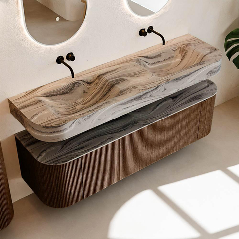 MONDIAZ THOR-DLUX Meuble de salle de bains 160cm arrondi gauche + droite couleur Walnut avec 1 tiroir et 2 portes. Vasque suspendue CLOUD Double sans trou de robinet couleur Sombra. SW1465399