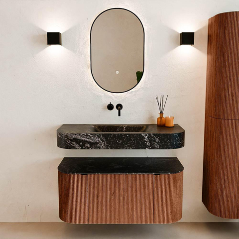 MONDIAZ THOR-DLUX 100cm meuble de salle de bains arrondi gauche + droite couleur Ruby avec 1 tiroir et 2 portes. Vasque suspendue CLOUD Milieu sans trou de robinet couleur Lava. SW1467413