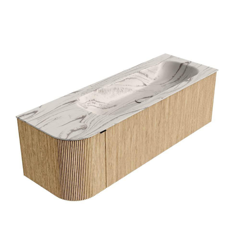 MONDIAZ KURVE-DLUX 135cm badmeubel ronding Links kleur Oak met 1 lade en 1 deur. Wastafel BIG MEDIUM Rechts 1 kraangat Nata. SW1432102