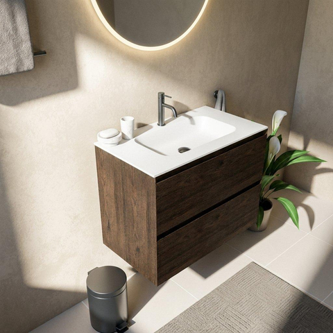 Saniclass Holz Pure Ensemble meuble de salle de bains - 80x45x61.5cm - Vasque Flow en solid surface blanc - 1 vasque - 1 trou de robinetterie - 2 tiroirs - chêne charcoal mat (bois) SW1478392