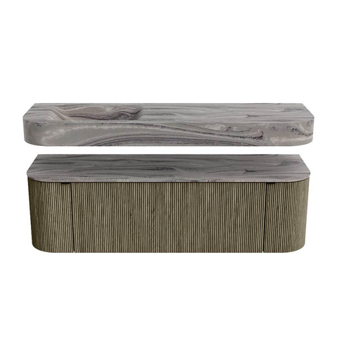 MONDIAZ THOR-DLUX 150cm badmeubel ronding links + rechts kleur Shadow met 1 lade en 2 deuren. Vrijhangende wastafel CLOUD Links 1 kraangat kleur Sombra. SW1464932