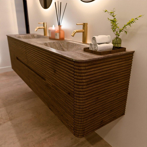 Mondiaz CIRO-DLUX Badkamermeubelset - 180x45x50cm - Solid surface wastafel Oza - 2 wasbak Dubbel - 2 kraangaten - 4 lades - Dusk SW1533308