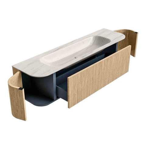 MONDIAZ KURVE-DLUX Meuble de salle de bains 170cm arrondi Gauche + Droite couleur Chêne avec 1 tiroir et 2 portes. Lavabo BIG LARGE Centre sans trou de robinet Meli. SW1431611