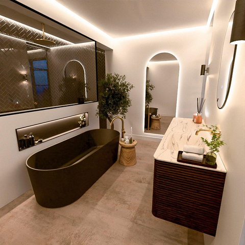 Mondiaz CIRO-DLUX Meuble de salle de bains - 170x45x50cm - vasque solid surface Nata - 1 lavabo à droite - sans trous de robinet - 4 tiroirs - Noyer SW1530619