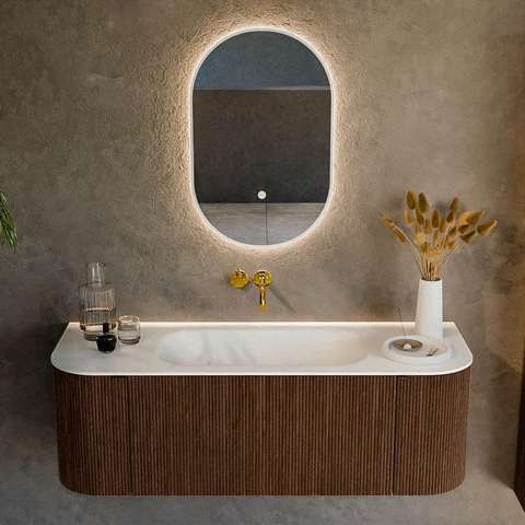 MONDIAZ KURVE Meuble de salle de bains 130 cm avec module 25 Len R couleur Walnut avec 1 tiroir et 2 portes. Vasque BIG SMALL centrale sans trou de robinet Talc. SW1138263
