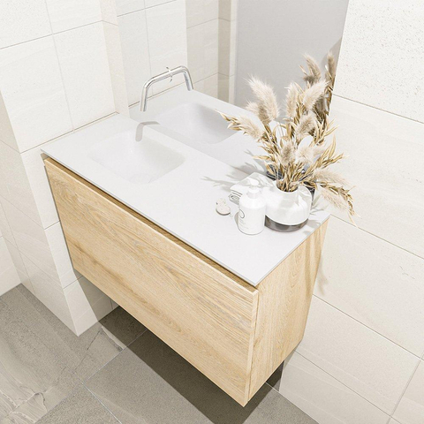 MONDIAZ OLAN Toiletmeubel 80x30x40cm met 0 kraangaten 1 lades washed oak mat Wastafel Lex links Solid Surface Wit SW473477