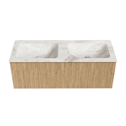 MONDIAZ KURVE-DLUX 120cm meuble de salle de bains couleur Oak avec 1 tiroir. Lavabo LEAF double 2 trous de robinet couleur Frappe. SW1137350