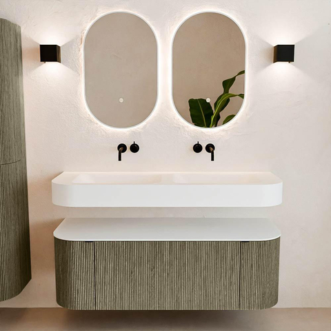 MONDIAZ THOR 130cm meuble de salle de bains arrondi gauche + droite couleur Shadow avec 1 tiroir et 2 portes. Vasque suspendue CLOUD Double sans trou de robinet couleur Talc. SW1463737